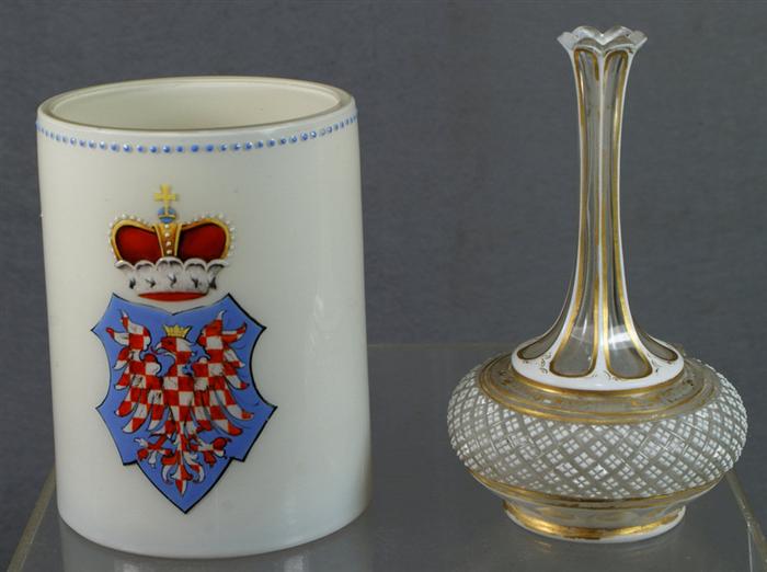 Appraisal: German cased glass mug with coat of arms enamelled decoration