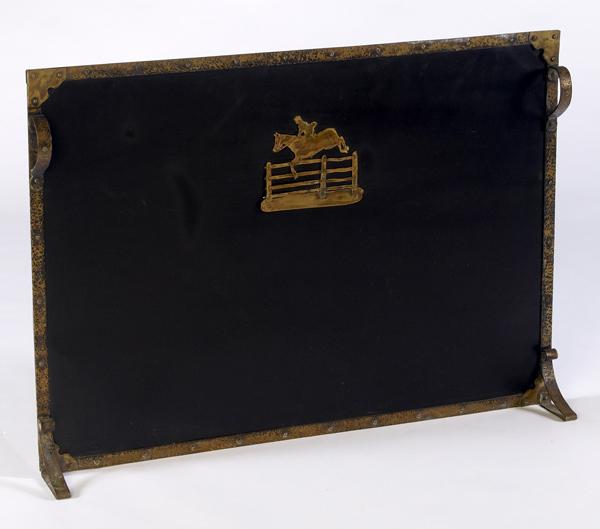 Appraisal: DECORATIVE FIRESCREEN With black ground hammered iron trim and jumping