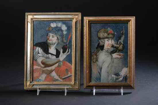 Appraisal: TWO CONTINENTAL REVERSE-PAINTED GLASS PICTURES th century Depicting warrior the