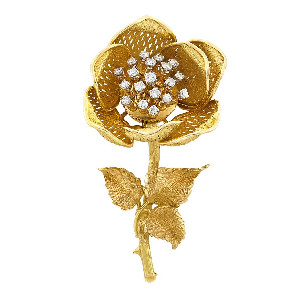 Appraisal: Gold and Diamond 'en Tremblant' Flower Pendant Clip-Brooch round diamonds