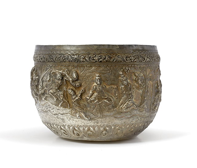 Appraisal: A Burmese silver metal Thabeik bowlof traditional design decorated in