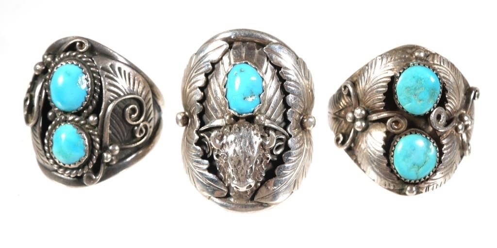 Appraisal: Sterling Turquoise Southwestern Rings possibly Navajo or Zuni The largest