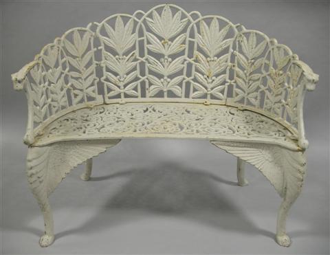 Appraisal: WHITE PAINTED WROUGHT IRON GARDEN BENCH th century the scalloped