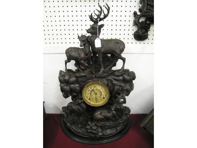 Appraisal: Black Forest Victorian Carved Wooden Clock deer stags tall outstanding