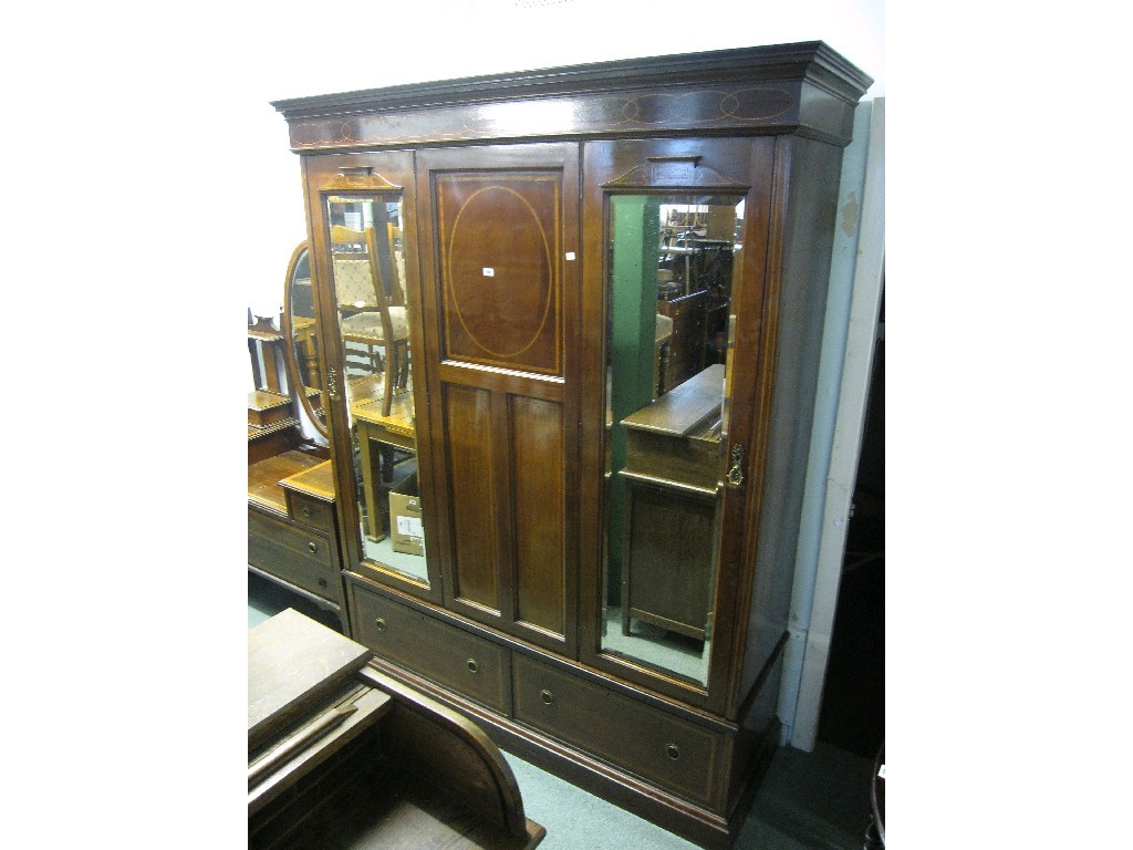 Appraisal: Edwardian mahogany and inlaid double mirror door wardrobe matching dressing