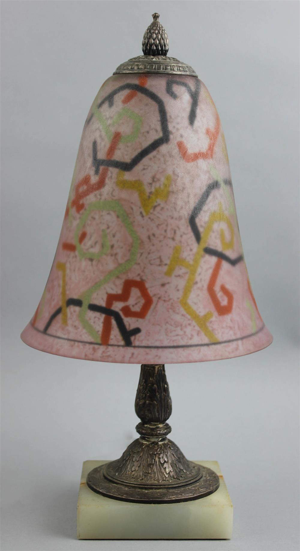 Appraisal: PAIRPOINT WHITE METAL AND REVERSE PAINTED GLASS BOUDOIR LAMP underside