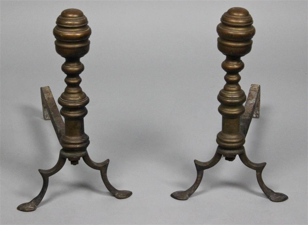 Appraisal: PAIR OF FEDERAL STYLE BRASS AND IRON ANDIRONS mid-to-late th