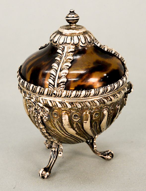 Appraisal: Continental silver footed box with silver and tortoise top late