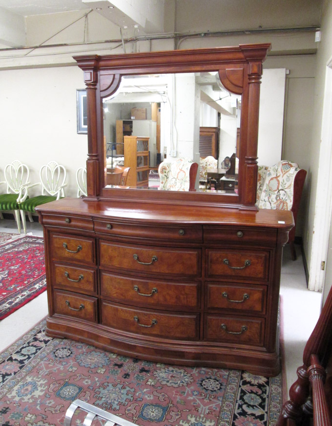 Appraisal: CHERRY BURL DRESSER WITH ATTACHED MIRROR made in China recent