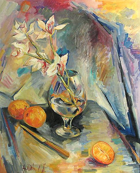 Appraisal: Gustave Alhadeff Belgian born Still life with flowers and oranges