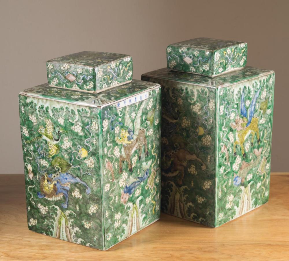 Appraisal: PAIR OF CHINESE PORCELAIN LIDDED JARS of square form Famille