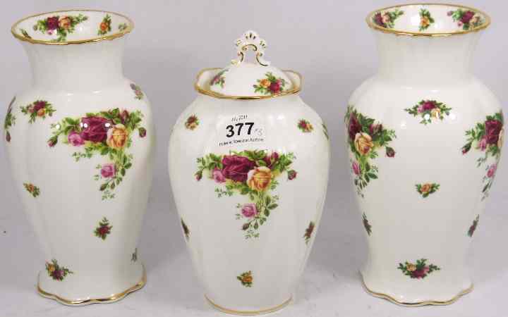 Appraisal: Royal Albert Old Country Roses Pair of Fluted Column Vases