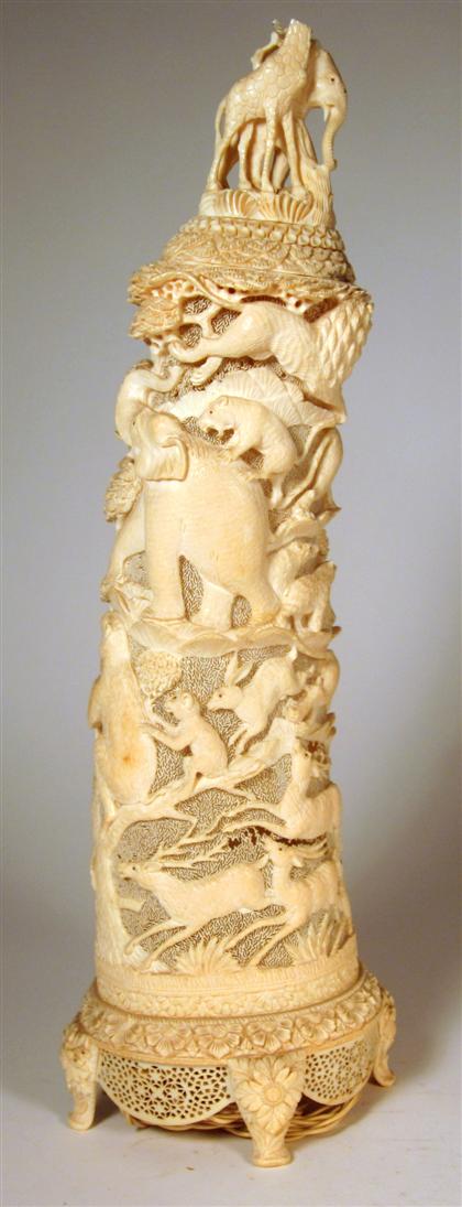 Appraisal: Indian carved ivory cylindrical vase th th century