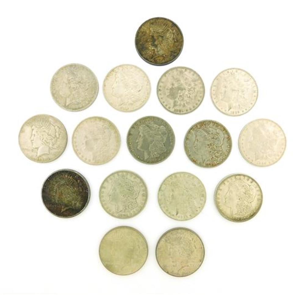 Appraisal: COINS Sixteen Morgan and Peace silver dollars grades range from