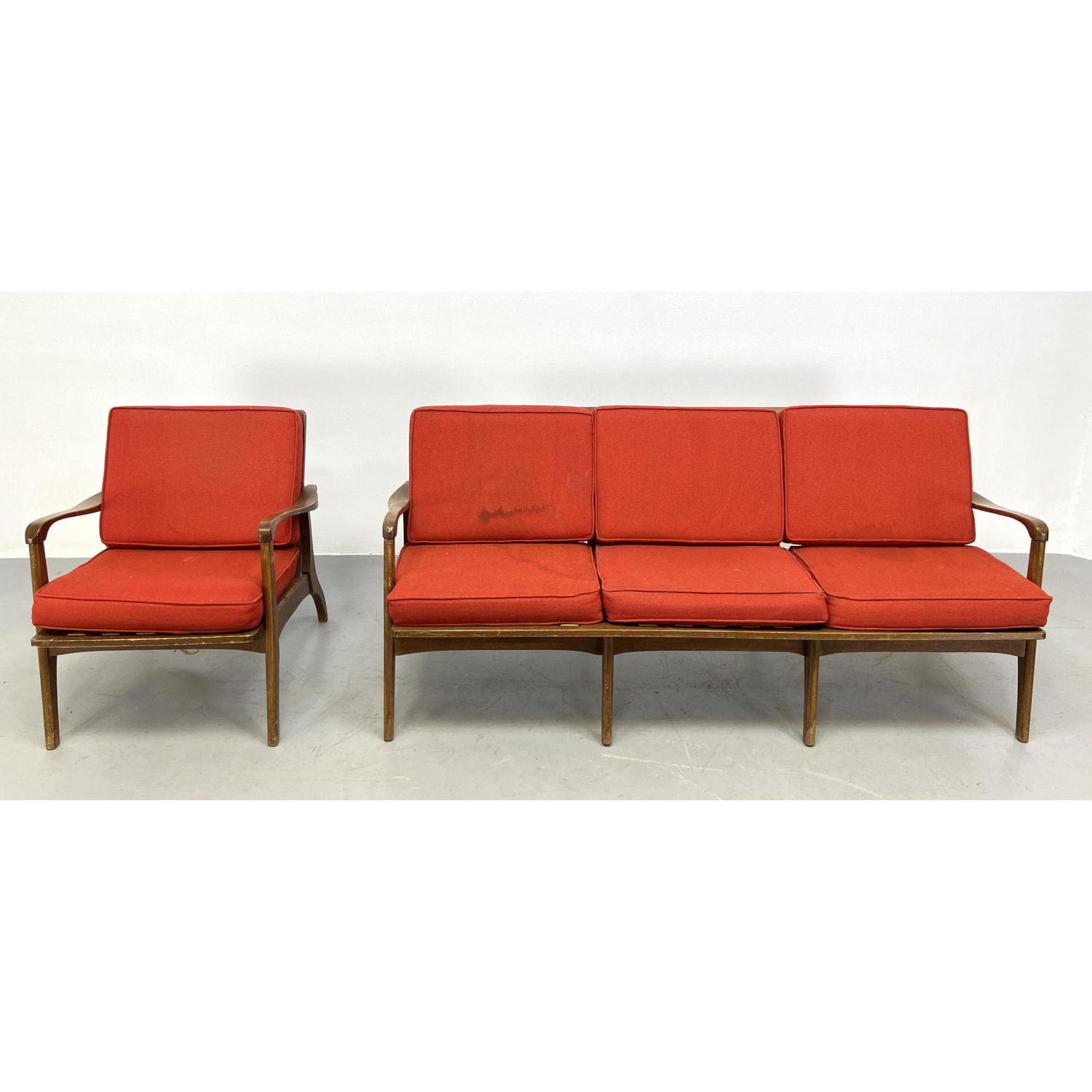 Appraisal: pc Modernist Sofa and Lounge Chair Open Arm Frame Red