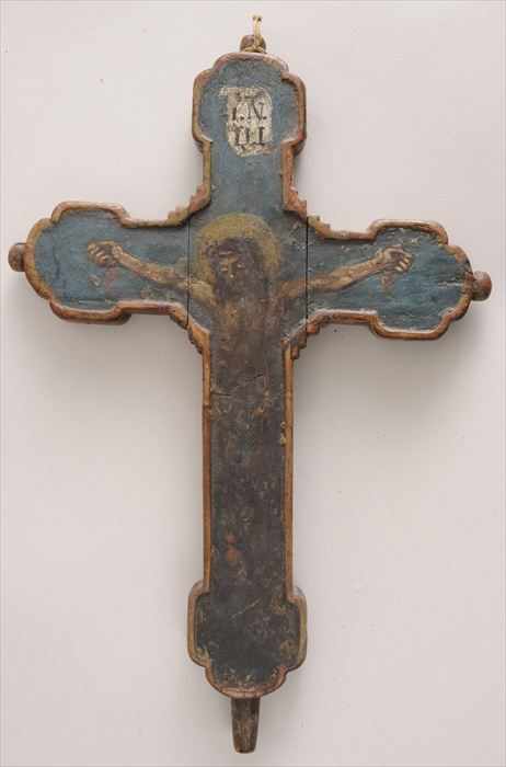 Appraisal: RUSSIAN PAINTED WOOD DOUBLE-SIDED CRUCIFIX The one side with Christ