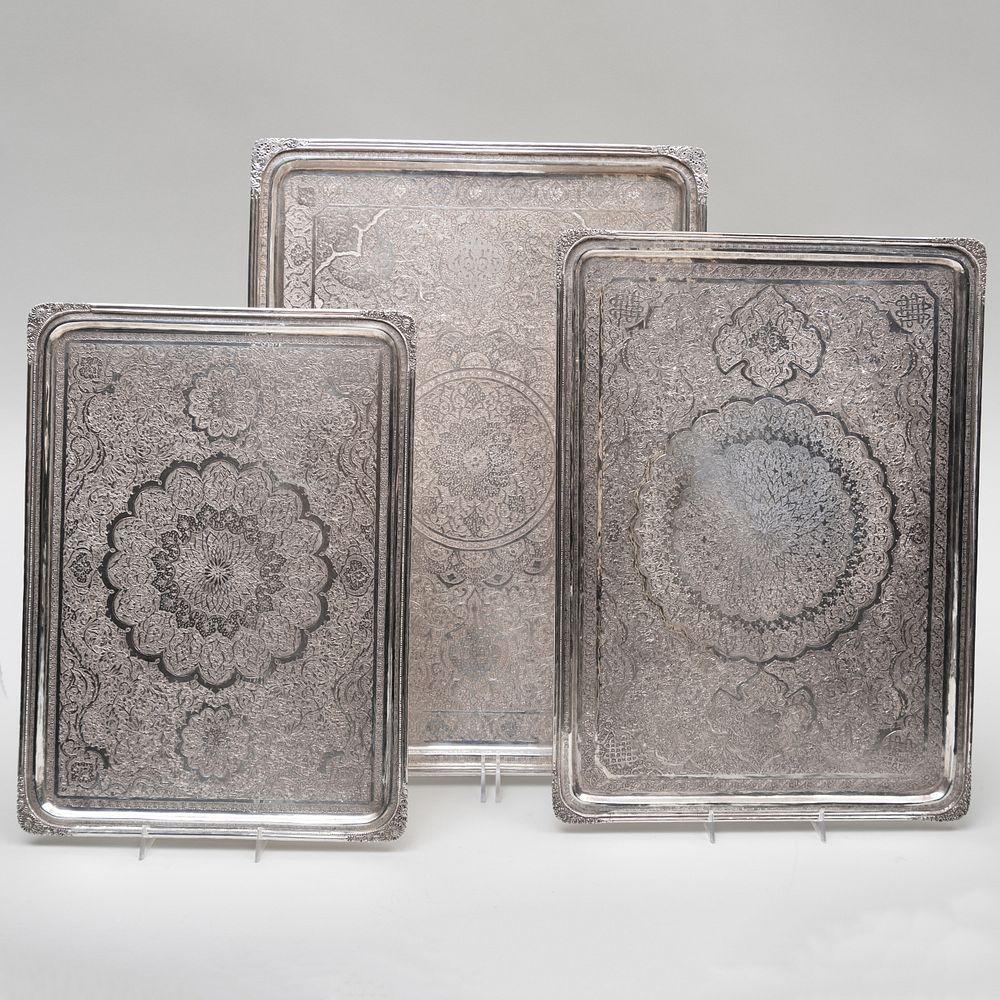 Appraisal: Set of Three Vartan A O Persian Rectangular Silver Trays