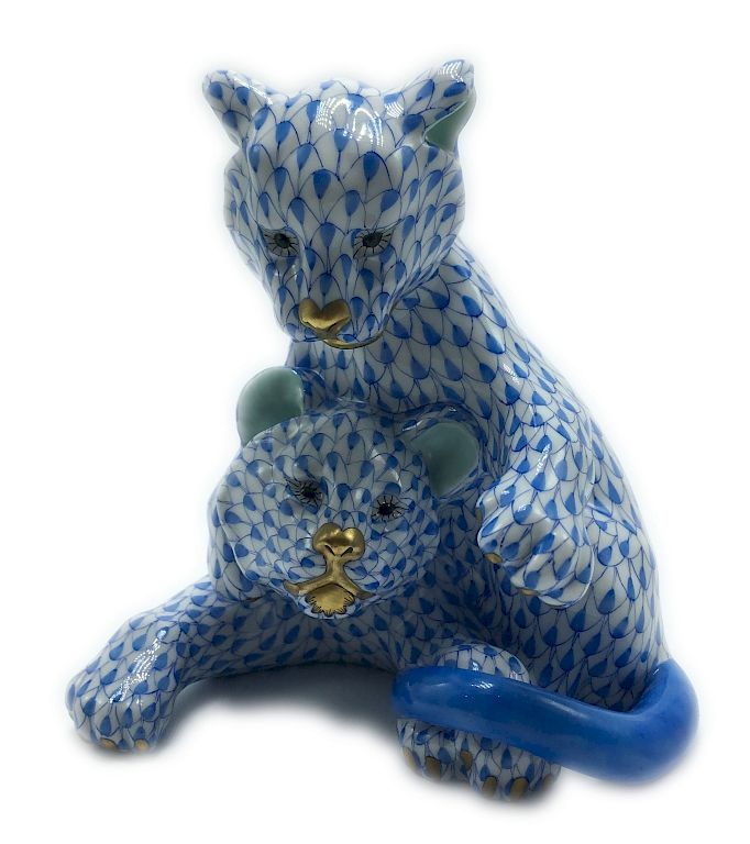 Appraisal: Herend Pair of Lion Cubs in Blue Fishnet H X