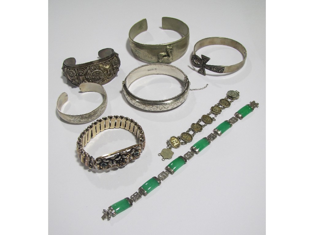 Appraisal: Lot comprising two Chinese silver bracelets one with jade Indian