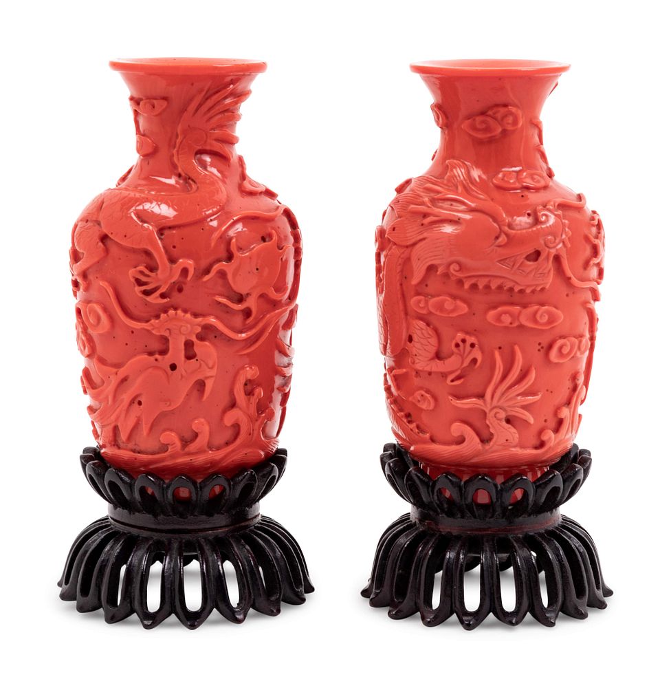 Appraisal: A Pair of Pink Peking Glass Vases A Pair of