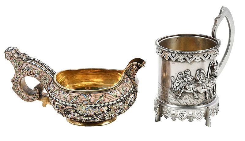 Appraisal: Russian Silver and Enamel Kovsh and Mug kovsh with floral