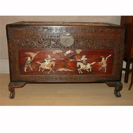 Appraisal: Chinese Hardstone Inlaid Carved Wood Trunk Estimate -