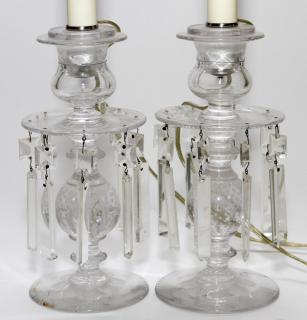 Appraisal: CRYSTAL CANDLESTICKS MOUNTED AS LAMPS PAIRPOINT QUALITY CRYSTAL CANDLESTICKS MOUNTED