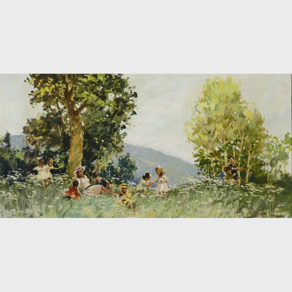 Appraisal: Cosimo Privato - MOTHER AND CHILDREN PLAYING IN A FIELD