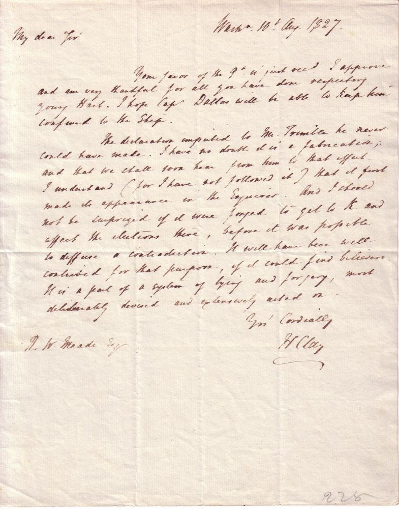 Appraisal: CLAY HENRY Autograph Letter Signed H Clay as Secretary of