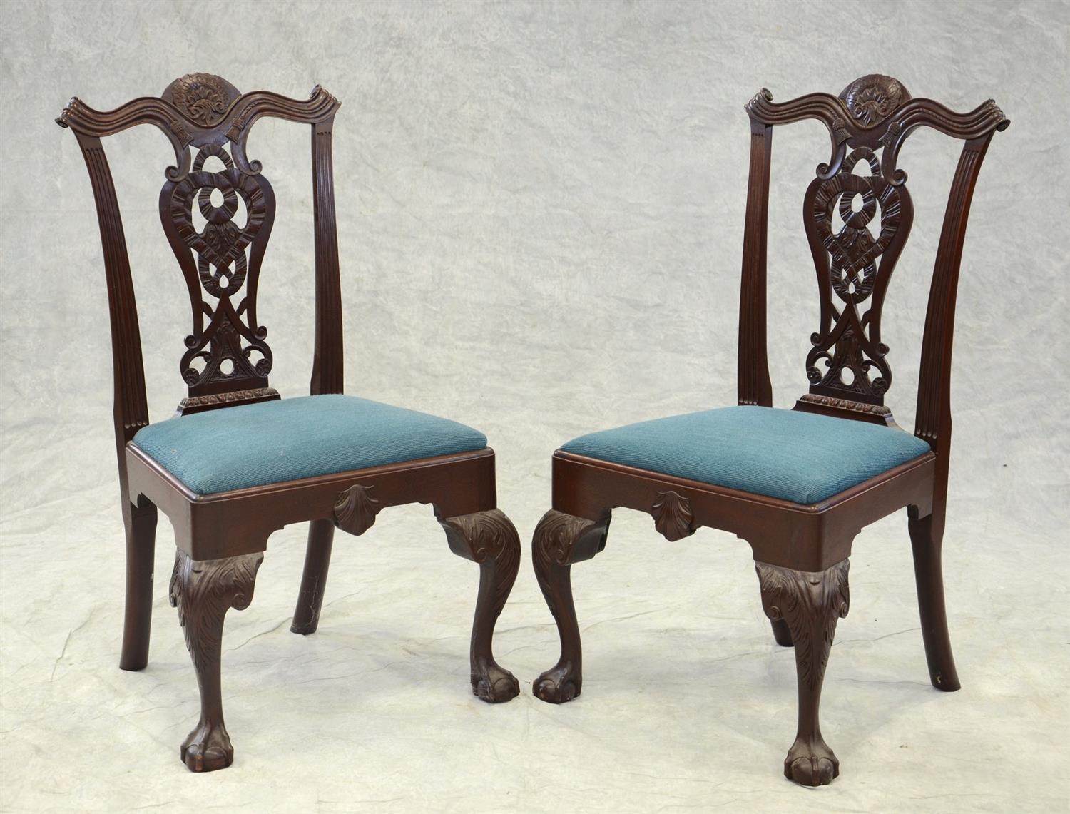 Appraisal: Pair of carved mahogany replica Philadelphia Chippendale style side chairs