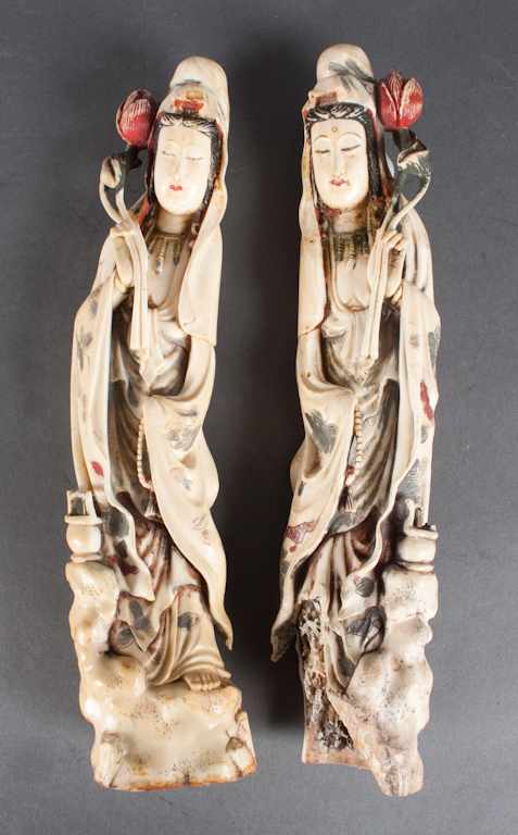 Appraisal: Pair of Chinese carved and polychromed ivory Quan-Yin figures modeled