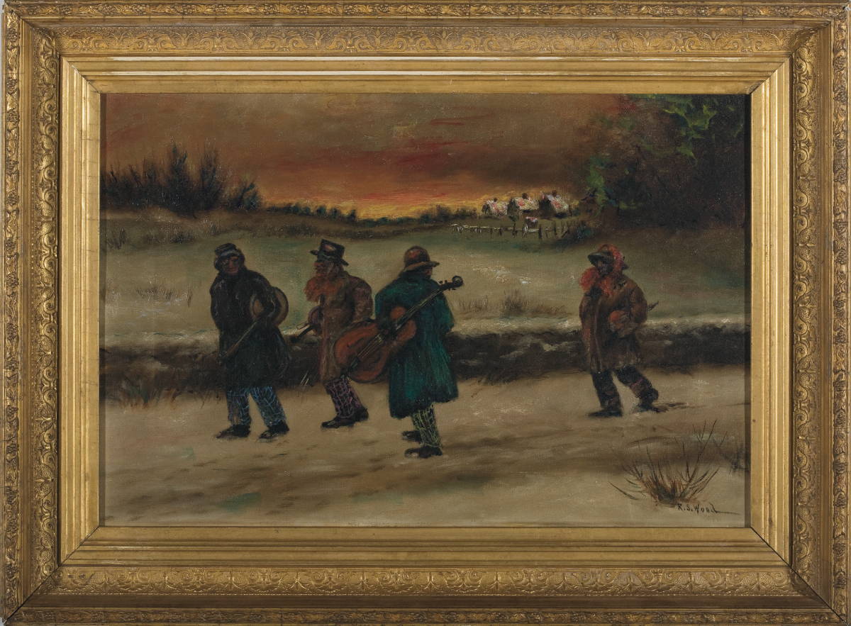 Appraisal: BLACK MUSICIANS ON A ROAD AT SUNSET Oil on canvas