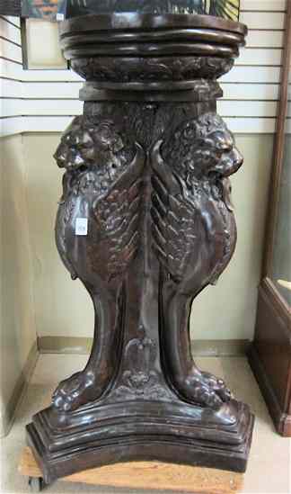 Appraisal: LARGE PATINED BRONZE PEDESTAL FOUNTAIN featuring three lion head monopods