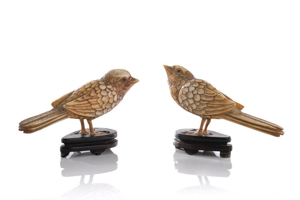 Appraisal: Chinese pair of natural carved birds on wood stands with