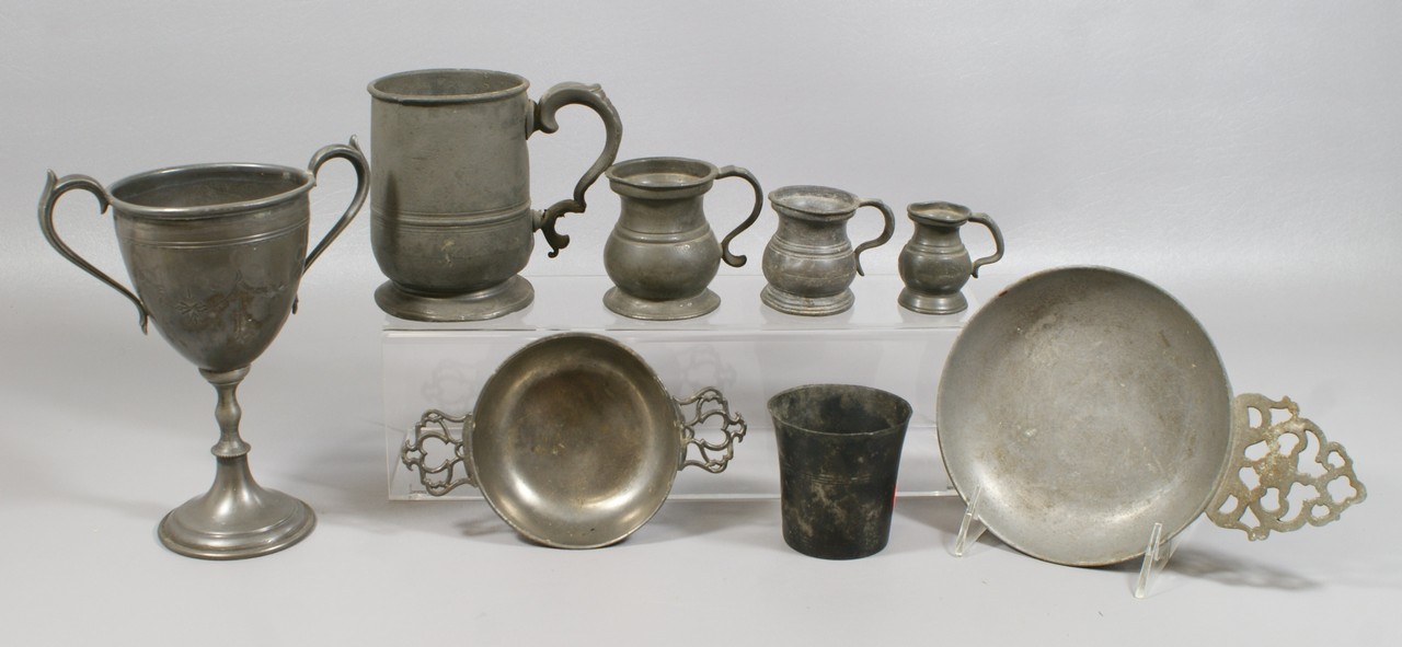 Appraisal: pc pewter lot measures beaker modern porringers loving cup