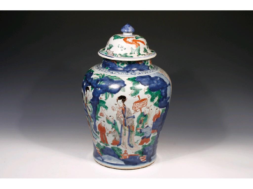 Appraisal: A CHINESE 'WUCAI' BALASTER VASE AND COVER decorated in underglaze