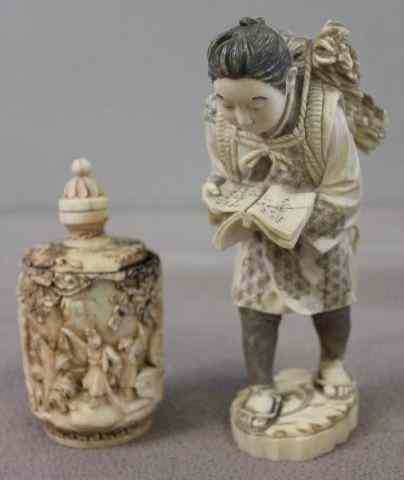 Appraisal: Signed Asian Ivory Figure with an Asian IvoryCovered Box Dimensions