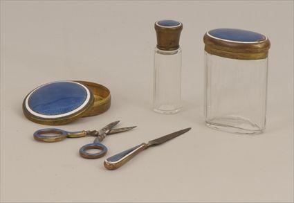 Appraisal: Five Enamel Gilt-Brass and Glass Dressing Articles to in