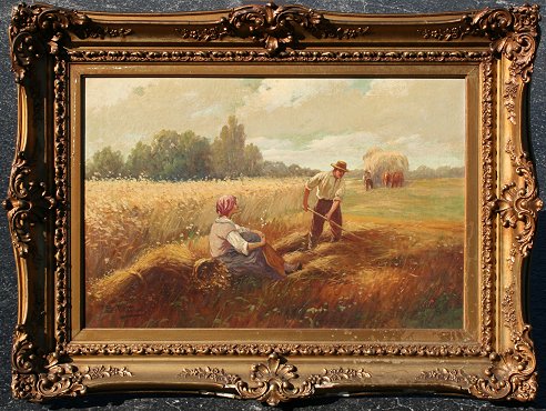 Appraisal: HUNGARIAN OIL CANVAS OF WORKERS IN A FIELD '' x