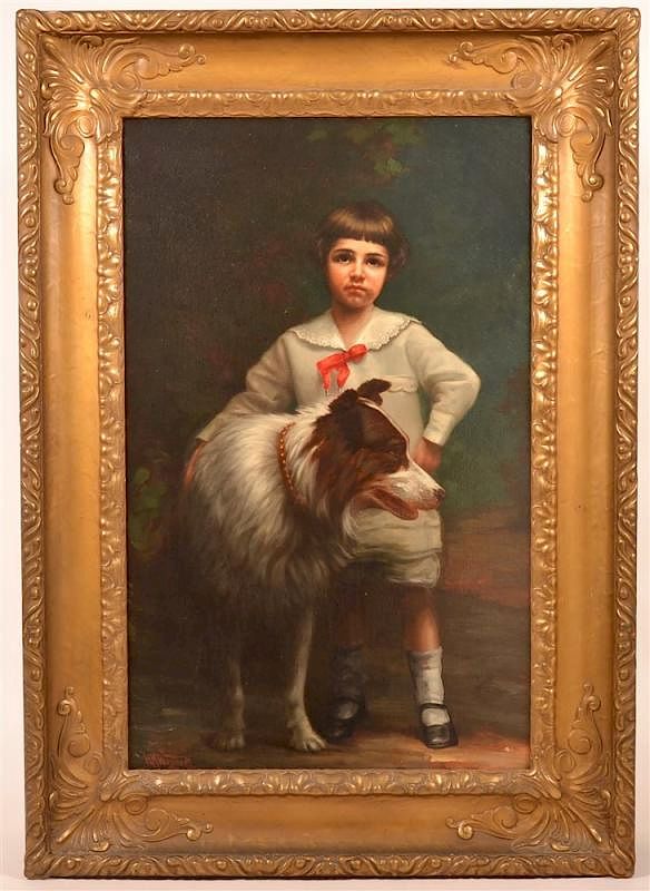 Appraisal: Oil Painting of a Child with Collie dated Oil on