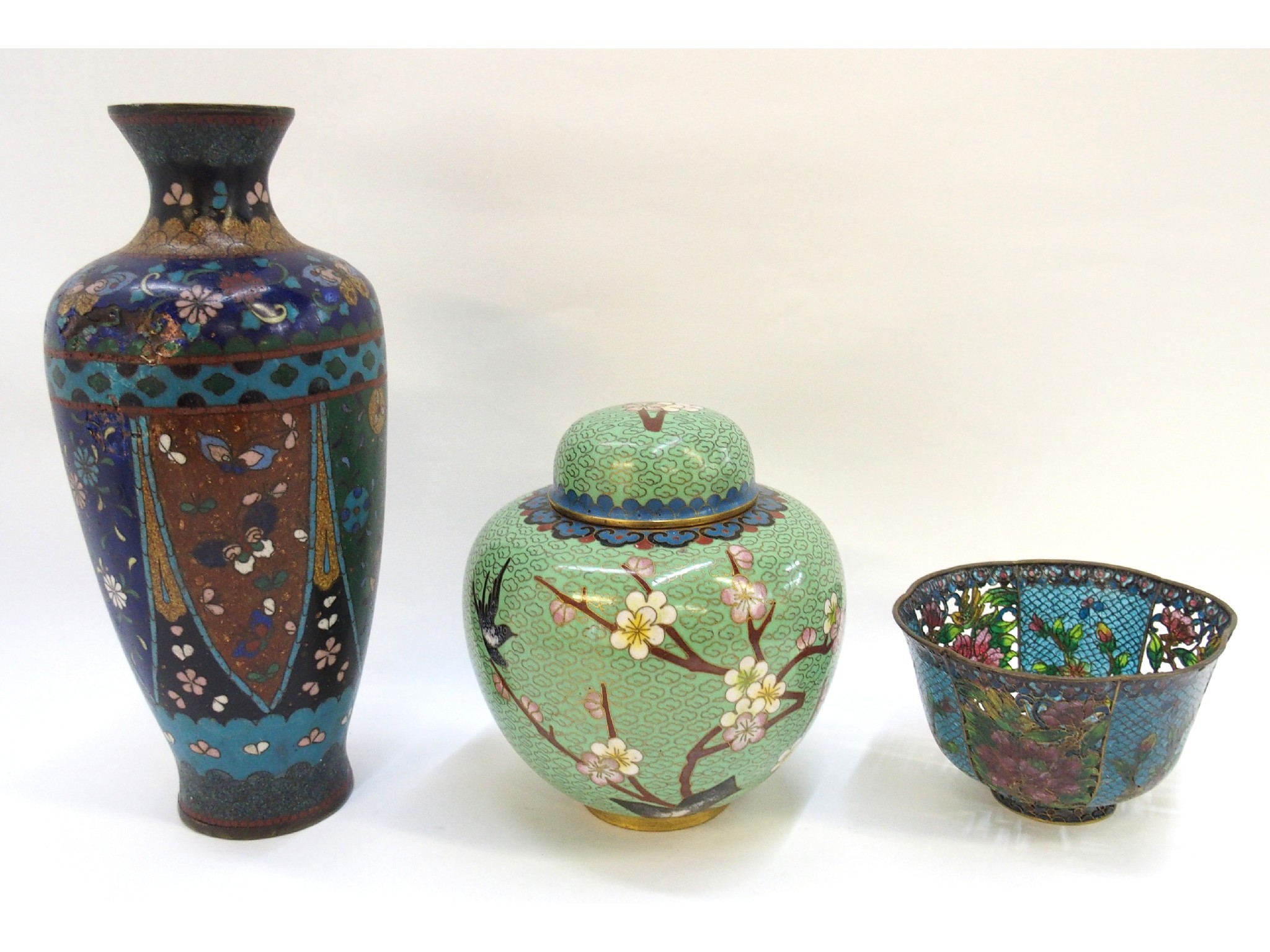 Appraisal: Japanese cloisonne vase ginger jar and Chinese enamelled openwork bowl