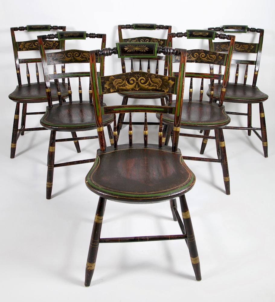 Appraisal: Set of Six th Century Painted Plank Seat Dining Chairs