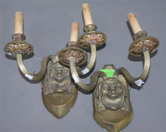 Appraisal: A PAIR OF ANTIQUE BRONZE SCONCES Having grotesque heads two