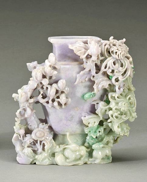 Appraisal: A lavender and green jadeite vase th Century The flattened