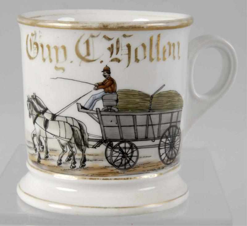 Appraisal: Horse-Drawn Cut Sugar Cane Wagon Shaving Mug Description Gilt name