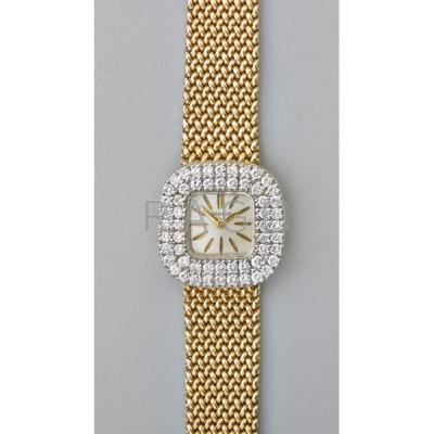 Appraisal: LADIES K GOLD MESH DIAMOND BRACELET WATCH Cushion-shaped white dial