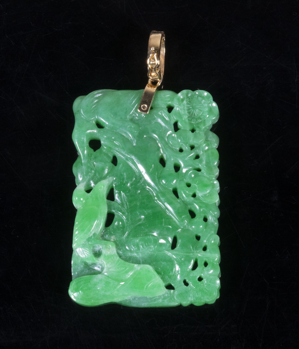 Appraisal: CARVED JADE PENDANT Chinese Floral and Bird Design Carved Green