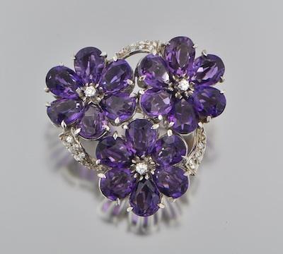 Appraisal: An k Gold Amethyst and Diamond Flower Brooch k white