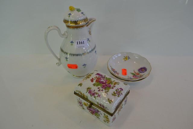 Appraisal: DRESDEN FLORAL TRINKET BOX COFFEE POT AND TWO SAUCERS DRESDEN