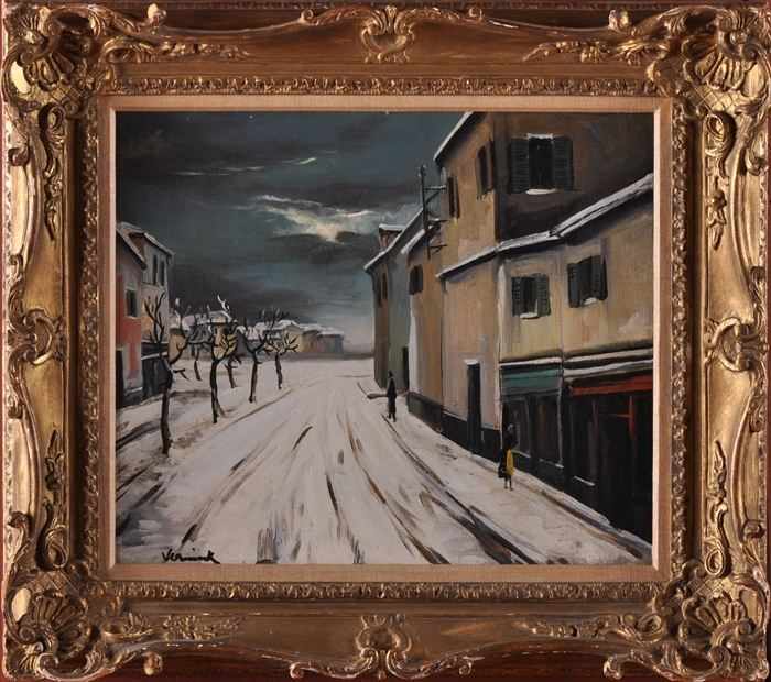 Appraisal: EUROPEAN SCHOOL WINTER STREET SCENE Oil on canvas relined x